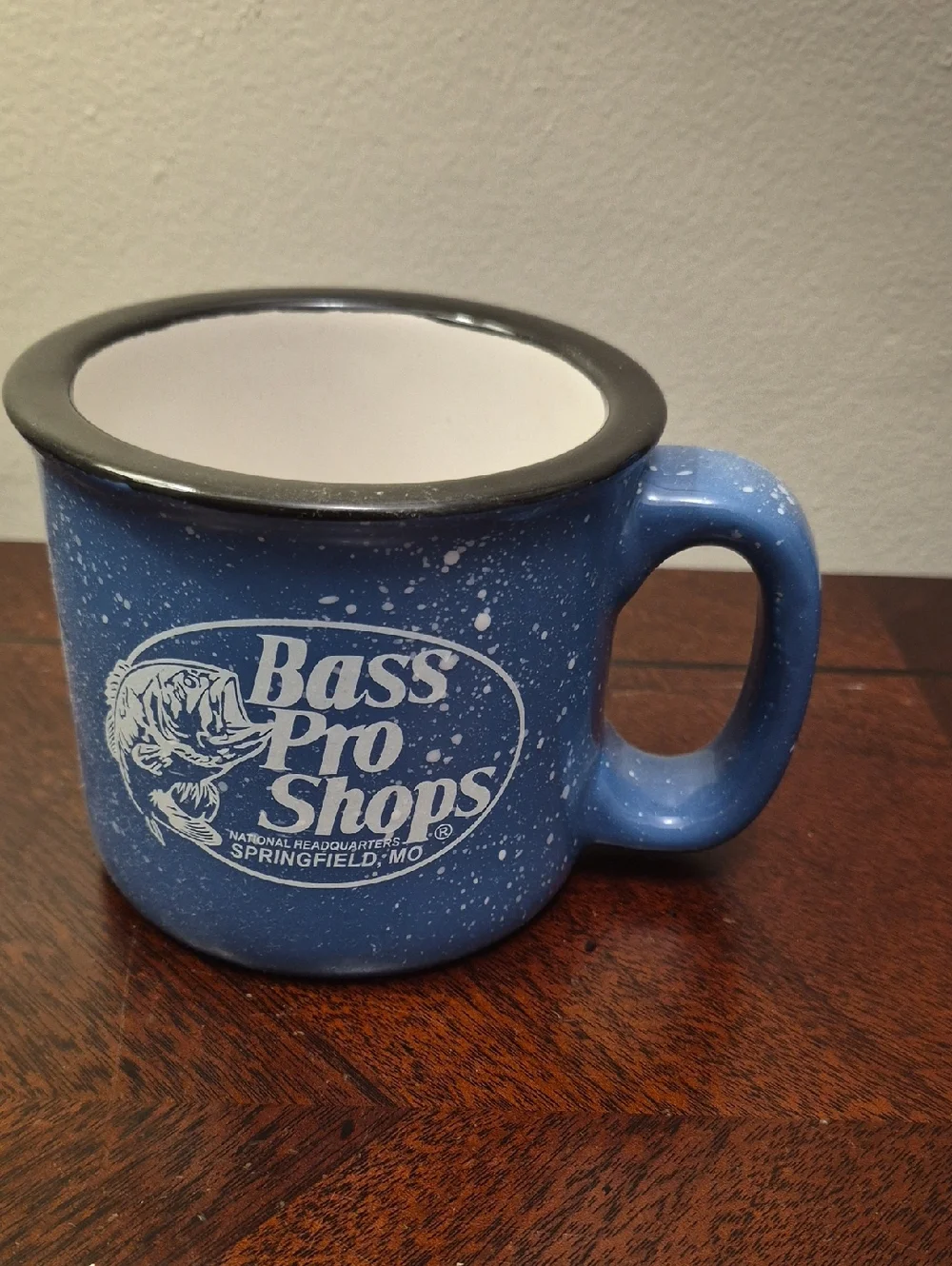 Bass Pro Shops Blue Speckled Ceramic Mug with Black Rim